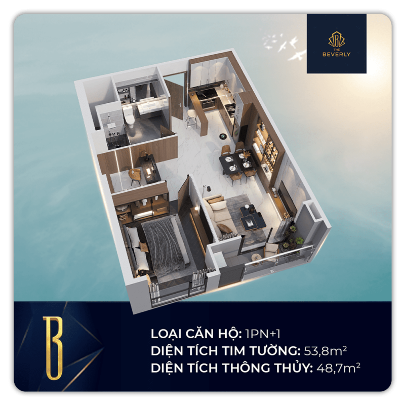 Mặt bằng căn 1PN+1 The Beverly Vinhomes Grand Park